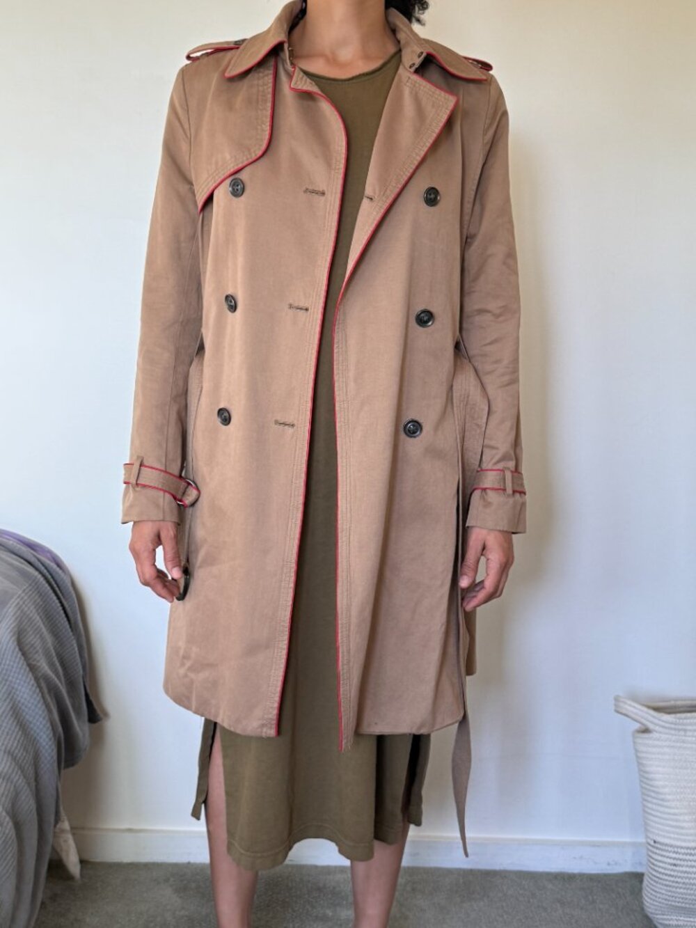 Tan Trench coat with Red accent